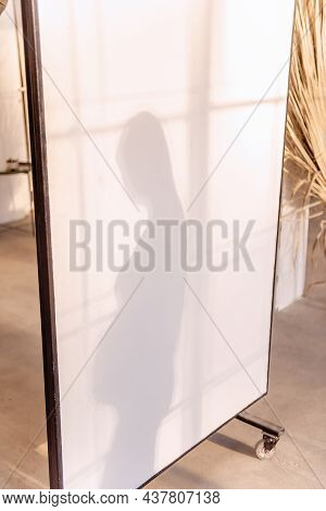 On A White Screen On Wheels, Defocused Silhouette Of A Pregnant Young Woman At Sunset In The Window.