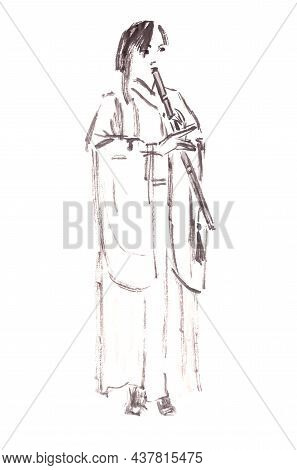 Girl Musician In Chinese Hanfu Playing Xiao Flute, Ink Drawing In Chinese Style
