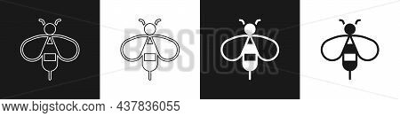 Set Bee Icon Isolated On Black And White Background. Sweet Natural Food. Honeybee Or Apis With Wings