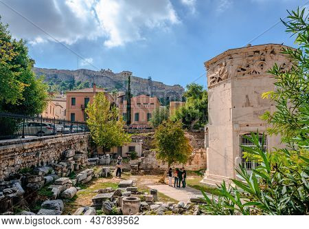 Athens, Greece - October 11 2021: View Of The Roman Agora With The Acropolis In The Background. The 