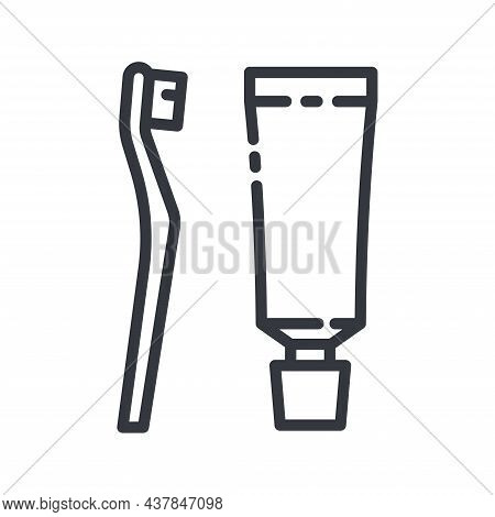 Line Icon Of A Dental Care. Tooth Paste And Thooth Brush Symbol Isolated