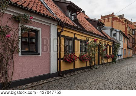 Colorful Picturesque Townhouses With Roses In Ystad, Sweden, September 14, 2021