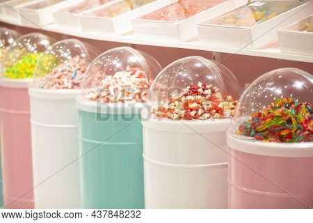 Jelly Candies In Containers In A Store. Large Selection Of Sweets In Different Colors. Sale Of Sweet