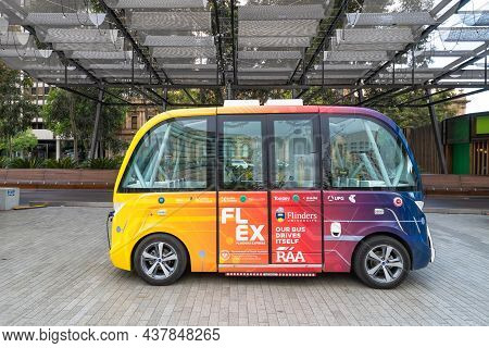 Adelaide, South Australia - October 19, 2019: Navya Driverless Ev Shuttle Bus Charging On Victoria S