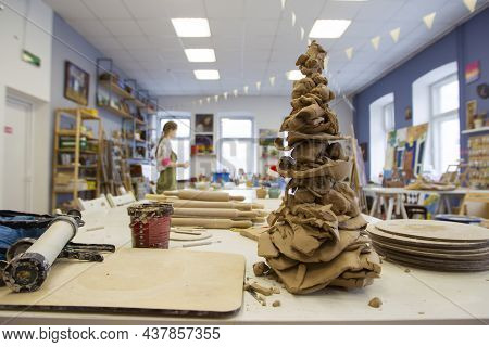 Belarus, The City Of Gomil, January 14, 2021.a Large Piece Of Clay On The Background Of The Workshop