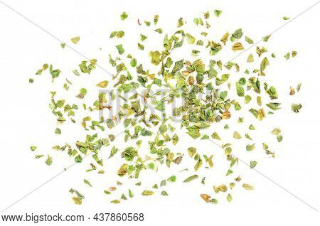 Dried Oregano Spice Isolated On White Background. Pile Of Dry  Oregano Or Marjoram Leaves Top View