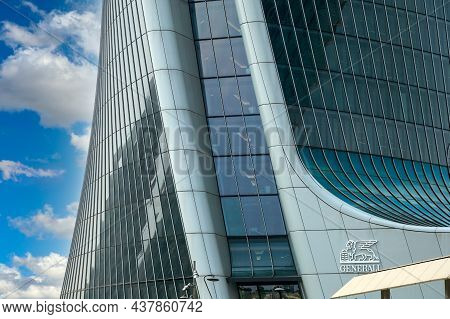 Milan, Italy - June 28, 2019: Detail Of Generali Tower By Architect Zaha Hadid In City Life Complex,