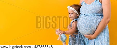 Motherhood, Femininity, Hot Summer - Croped Banner Pregnant Unrecognizable Woman Mother In Blue Dres