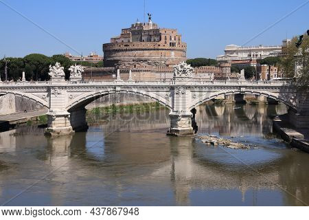 Saint Angel Bridge And Saint Angel Castle In Rome, Italy. Landmark Of Rome. The Tiber River.