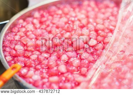 Closeup Of Thapthim Krop, Mock Pomegranate Seeds In Coconut And Syrup, Thai Street Food Market