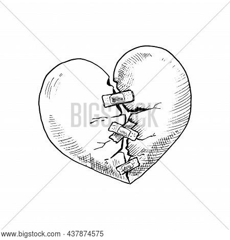 Broken Heart. The Symbol Of Unhappy Love. Hand-drawn Sketch. Black And White Vector Illustration.