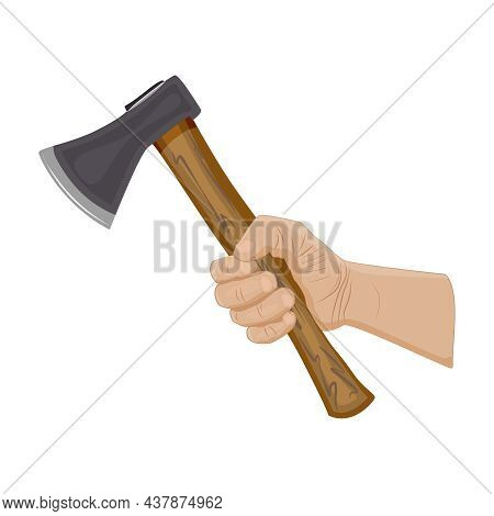 Hand Holding Axe Isolated On White Background. Woodcutter Arm With Ax. Lumberjack Tool. Hatchet With