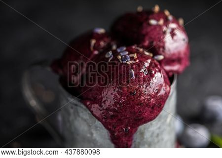 Icecream Made Of Frozen Banana And Blueberry. Vegan Gelato. Tasty Vegetarion Concept. Ice Cream Scoo