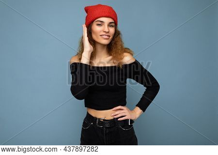 Photo Of Young Positive Happy Beautiful Brunette Curly Woman With Sincere Emotions Wearing Black Cro