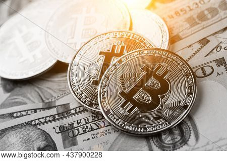 Golden Bitcoin Lies On The Banknotes.new Virtual Money. Crypto Currency Top View. Real Coins Of Bitc