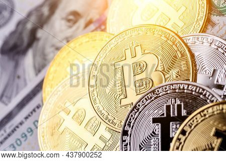 Golden Bitcoin Lies On The Banknotes.new Virtual Money. Crypto Currency Top View. Real Coins Of Bitc