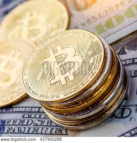 Golden Bitcoin Lies On The Banknotes.new Virtual Money. Crypto Currency Top View. Real Coins Of Bitc