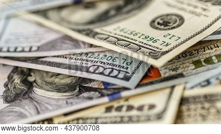 Money American Hundred Dollar Bills.closeup Of Assorted American Banknotes.us Currency Scattered On 