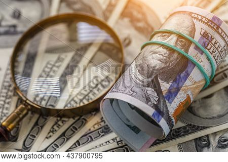 Money American Hundred Dollar Bills.closeup Of Assorted American Banknotes.us Currency Scattered On 