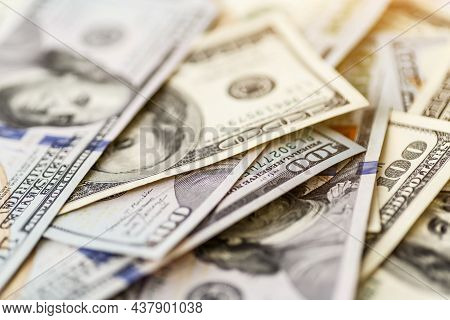 Money American Hundred Dollar Bills.closeup Of Assorted American Banknotes.us Currency Scattered On 