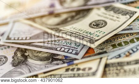 Money American Hundred Dollar Bills.closeup Of Assorted American Banknotes.us Currency Scattered On 