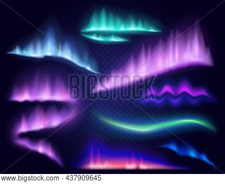 Realistic Lights Of Arctic Aurora Borealis, Northern Natural Phenomenon. Northern Polar Lights And A