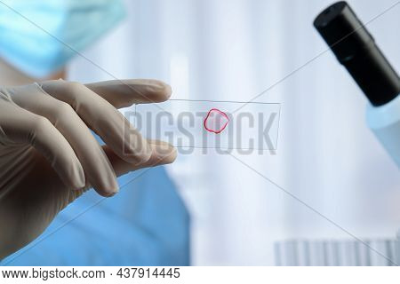 Scientist Holding Microscope Slide With Red Sample In Laboratory, Closeup