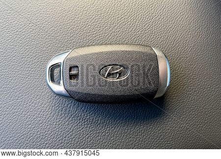 Grodno, Belarus - 10.29.2021: The Key To The Hyundai Creta 2021 Or Hyundai Ix25 Car. A Key With Keyl