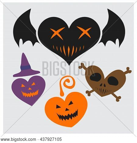 Collection Of Heart Illustrations Halloween Patterns Set. Color Icons Of Skull, Web, Bat, Pumpkins, 