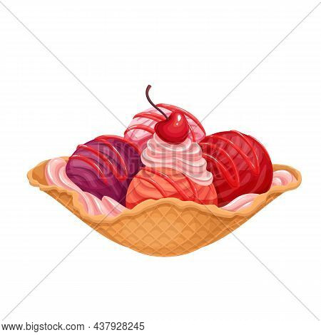 Ice Cream Mix Waffle Cup Balls Strawberry Raspberry Cherry With Whipped Cream Vector Illustration.