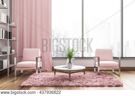 Comfy White And Light Pink Living Room With Two Armchairs, Round Coffee Table, Carpet, Wood Flooring