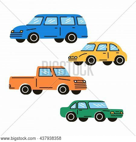 Various Cars Or Vehicles. Different Types Of Cars: Sedan, Suv, Pickup, Coupe, Hatchback, Retro Car. 