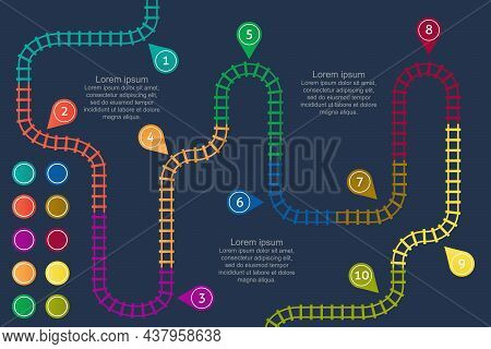Railroad Tracks, Stations Map. Railway Route, Tracking Subway Stations Map Top View, Colorful Stairs