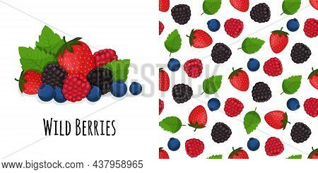 Berry Mix On Background. Dark Berries Pattern.