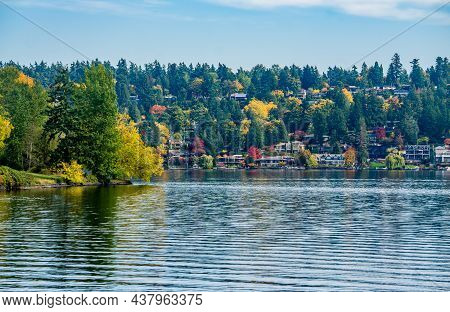 Home And Fall Colore On Mercer Island, Washington.