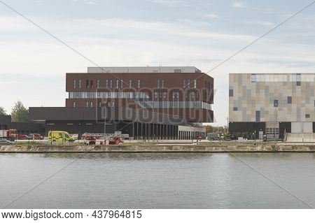 Hasselt. Limburg - Belgium 24-09-2021. Fire Station In The City Of Hasselt. On The Bank Of A Water C