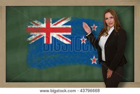 Teacher Showing Flag Ofnew Zealand On Blackboard For Presentation Marketing And Tourist Advertising