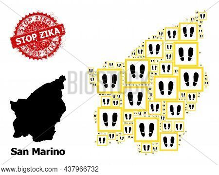 Scratched Stop Zika Stamp Seal, And San Marino Map Mosaic Of Stay Here Icons. Red Round Stamp Seal C