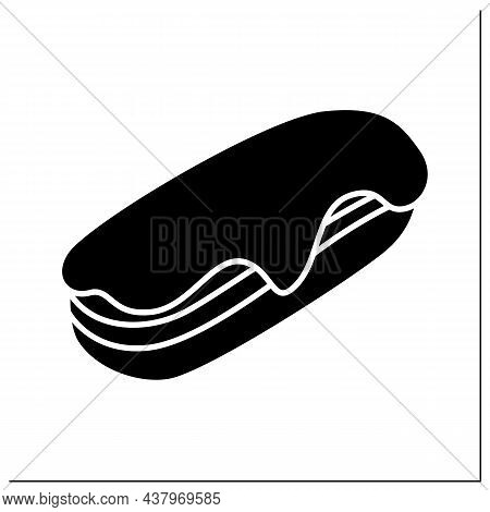 Long Donut Glyph Icon. Sugar Glazed Vanilla Cream Filled French Eclair. Concept Of Puff Pastry, Swee