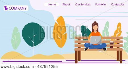 Template For Freelace Work Page. Young Woman Sitting On The Bench In The Park And Working On A Lapto
