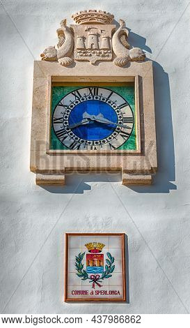 Sperlonga, Italy - November 8: Clock Of The Town Hall Building In Sperlonga, Province Of Latina, Ita