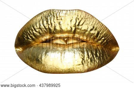 Cosmetics And Make-up. Gold Lips Lipstick And Gloss. Sexy And Sensual Lips. Golden Lips Closeup. Gol
