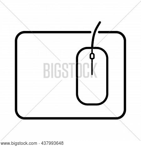 Computer Mouse On A Mouse Pad. Vector Line Icon. Black Outline Isolated On A White Background.