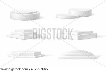 Realistic Pedestal. 3d White Empty Podium. Cylinder Winner Stage And Round Presentation Platform. Ge