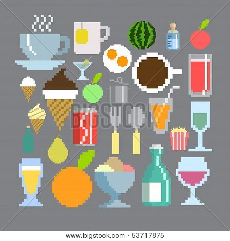pixel art style food and drink set