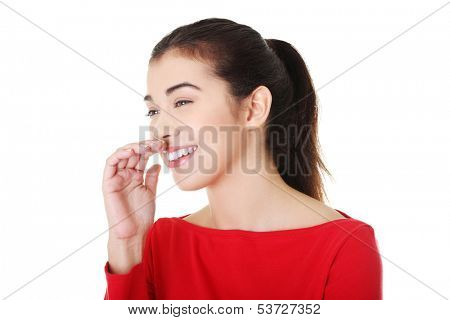 Portrait of attractive woman lauging. Isolated on white. 