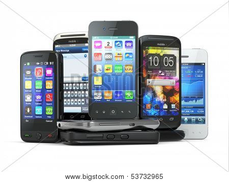Choose mobile phone. Pile of new cellphones. 3d