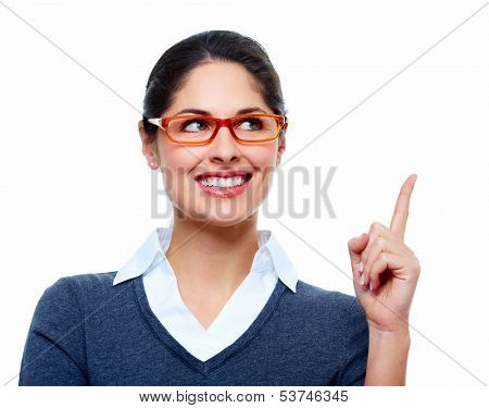 Beautiful thinking business woman isolated white background