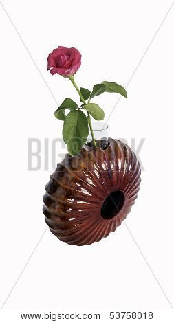 Rose In Glossy Mango Wood Painting Vase Isolated On The White Background.