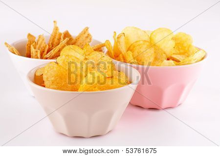Potato And Wheat Chips In Bowls
